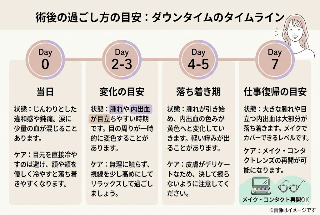 術後の過ごし方の目安：ダウンタイムのタイムライン。Day 0（当日）：じんわりとした違和感や鈍痛、額や頬を冷やすケア。Day 2-3（変化の目安）：腫れや内出血が目立ちやすい時期、触らずリラックス。Day 4-5（落ち着き期）：腫れが引き始め内出血が黄色に変化、擦らないよう注意。Day 7（仕事復帰の目安）：大きな腫れは落ち着きメイクやコンタクト再開可能。