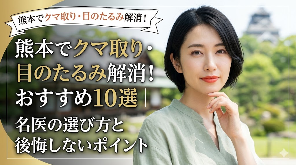 熊本でクマ取り・目のたるみ解消！おすすめ10選｜名医の選び方と後悔しないポイント。背景に熊本城と笑顔の女性の画像