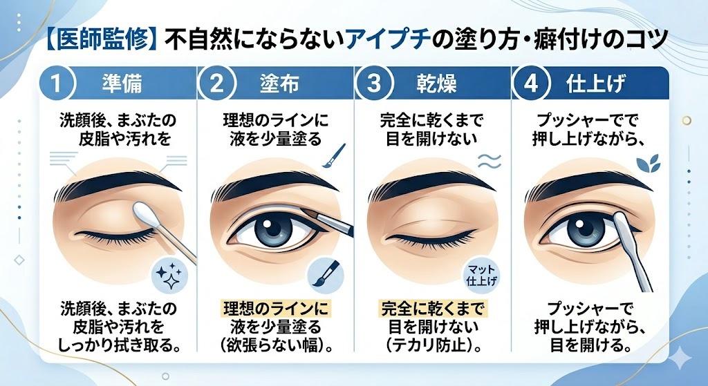 バレない男のアイプチ手順。準備、理想のラインへ塗布、乾燥、プッシャーで仕上げる4ステップのコツ。