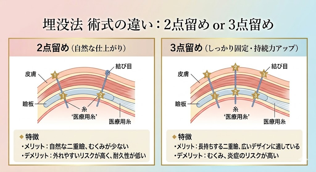 埋没法 術式の違い（2点留め or 3点留め）をまぶたの断面図で図解。留め点数が多いほど強度は上がるが、糸を通す回数が増えるため腫れのリスクも少し上がる関係性。2点留めは自然で腫れが少なく、3点留めは長持ちで広いデザインに適する。