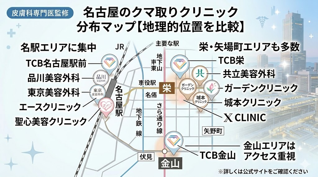 名古屋駅・栄・金山エリアにあるクマ取り・目の下のたるみ取りおすすめクリニックの分布マップ