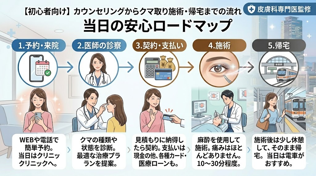 クマ取り・目の下のたるみ取り手術当日の流れ（カウンセリング〜施術〜帰宅）を説明するフローチャート