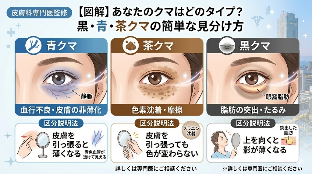 黒クマ・青クマ・茶クマの原因と見分け方を示す図解イラスト