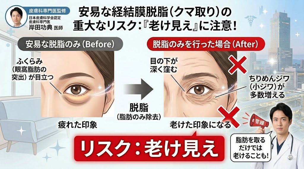 安易な経結膜脱脂（クマ取り）による術後の小ジワ悪化・陥凹（老け見え）のリスクを示す図解