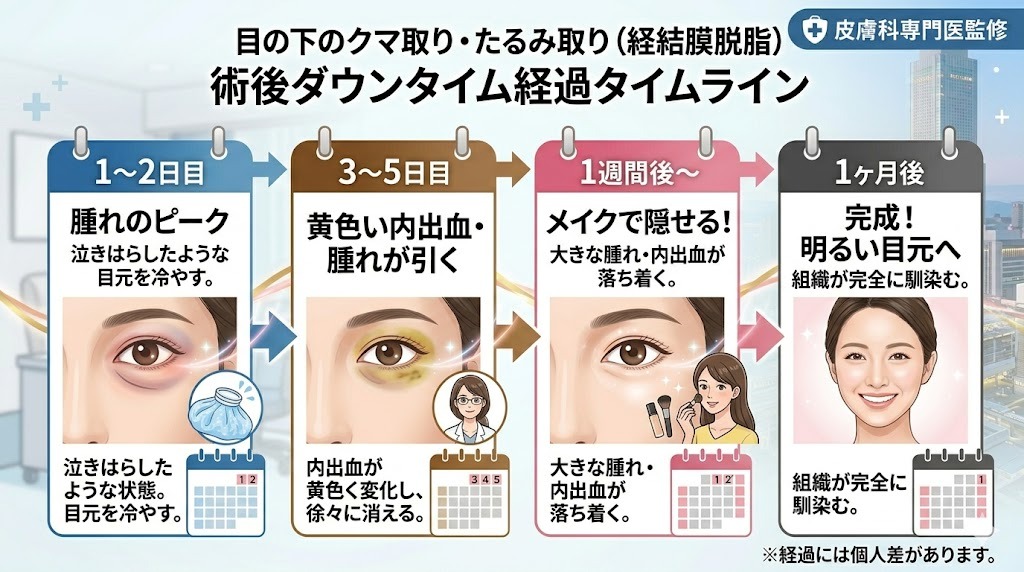 クマ取り・目の下のたるみ取り手術（脱脂）後のダウンタイム経過と腫れ・内出血のピーク