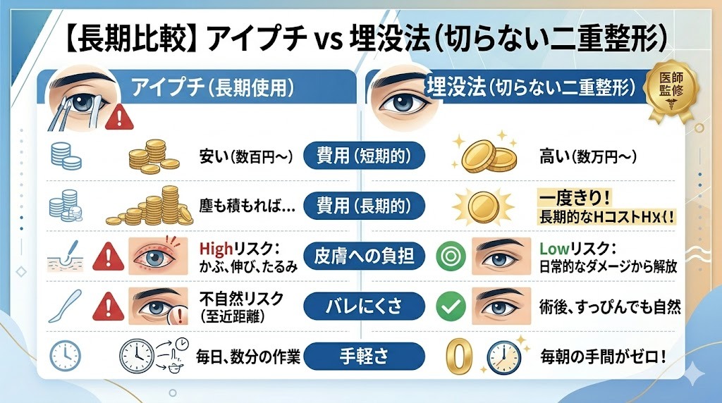 【長期比較】男の二重作り：アイプチと埋没法の比較表。費用、皮膚への負担、バレにくさ、手軽さのインフォグラフィック。