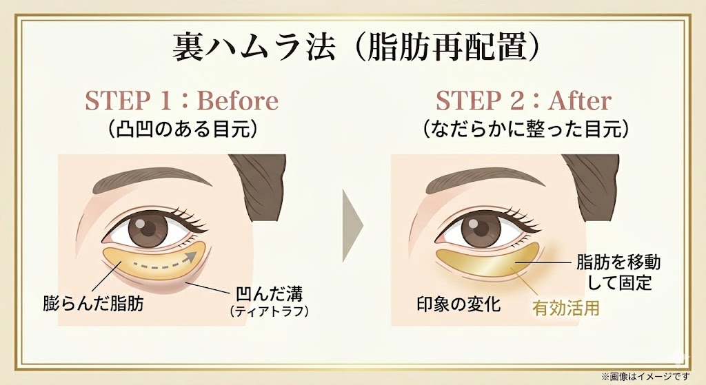 裏ハムラ法の解説イラスト。STEP1(Before)では脂肪の膨らみとティアトラフの凹みがあり、STEP2(After)ではその脂肪を移動・固定することで目元がなだらかに整う工程を説明。