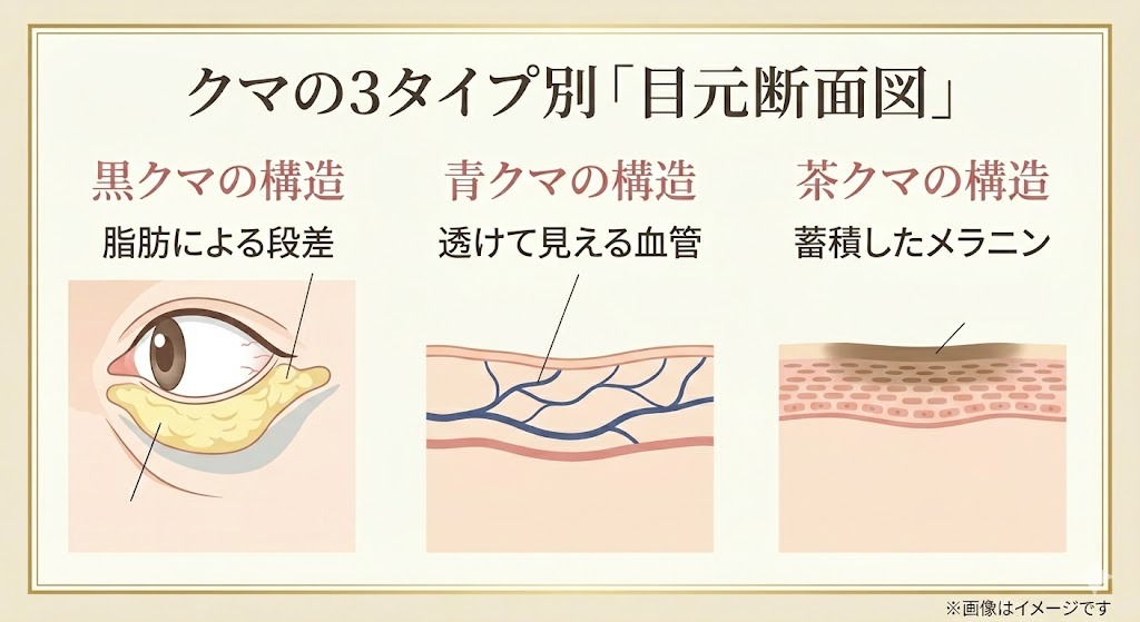 クマの3タイプ別断面図。脂肪による段差が原因の「黒クマ」、透けて見える血管が原因の「青クマ」、蓄積したメラニンが原因の「茶クマ」の構造をイラストで比較。