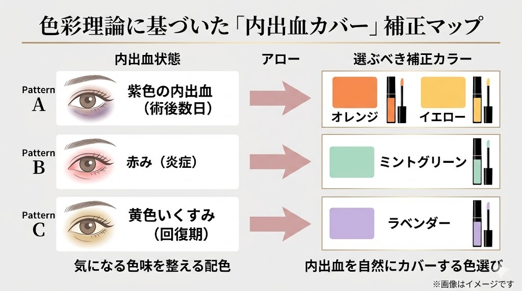 術後の内出血を隠すための補正カラー対応表。パターンA（紫の内出血）にはオレンジ・イエロー、パターンB（赤み）にはミントグリーン、パターンC（黄色いくすみ）にはラベンダーを推奨。