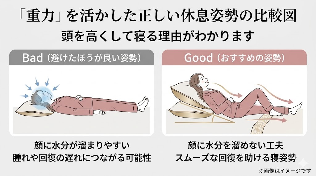 寝る時の頭の高さによる比較。フラットに寝ると顔が浮腫みやすい「Bad」な姿勢と、枕を重ねて上体を高く保ち、重力で回復を助ける「Good」な姿勢の図解。
