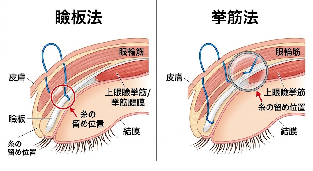 まぶたの断面図で、糸をかける位置の違いを示した図