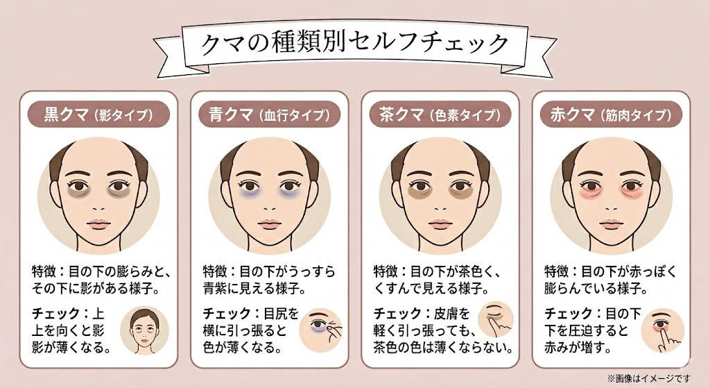 黒クマ（影）・青クマ（血行）・茶クマ（色素）・赤クマ（筋肉）の4つの種類を見分けるセルフチェック表。それぞれの特徴と、皮膚を引っ張る・上を向くなどの具体的な確認方法の解説。