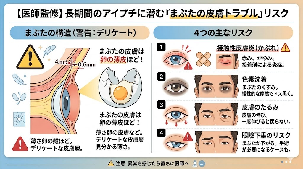 長期間のアイプチによるまぶたの皮膚トラブルリスク。かぶれ、色素沈着、たるみ、眼瞼下垂の医師監修図。