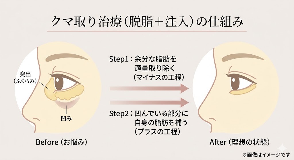 クマ取り治療（脱脂＋注入）の仕組みを解説する図解。余分な脂肪を取り除く「マイナスの工程」と、凹みに脂肪を補う「プラスの工程」をBefore/Afterで比較。