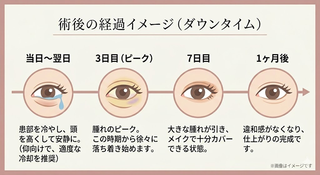 クマ取り手術後のダウンタイム（経過）のイメージ。当日・翌日から、腫れのピークである3日目、大きな腫れが引く7日目、完成の1ヶ月後までの目の様子を時系列で解説。