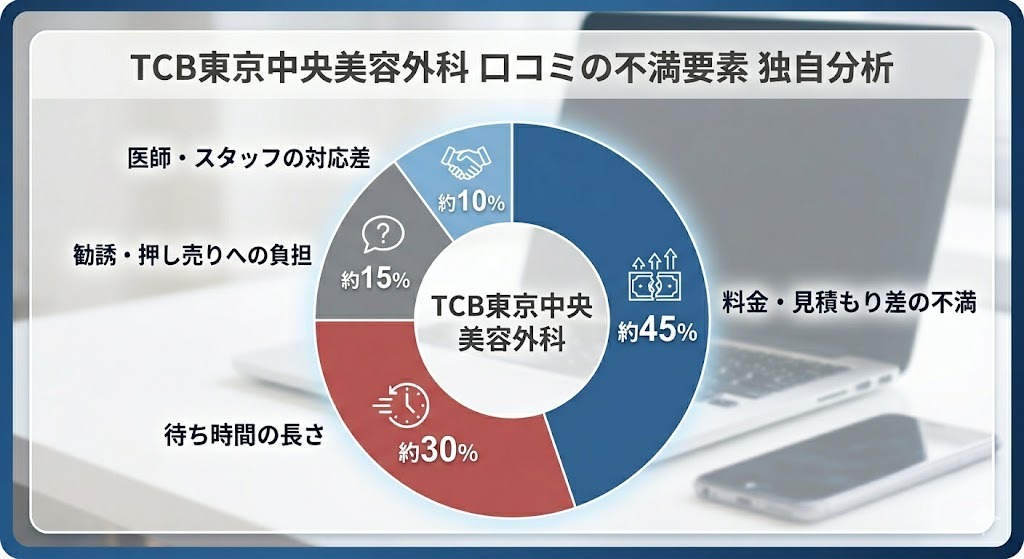 TCB東京中央美容外科の口コミにおける不満要素を独自分析した円グラフ。不満の理由として「料金・見積もり差の不満」「待ち時間の長さ」「勧誘・押し売りへの負担」「医師・スタッフの対応差」の割合が示されている。背景にはノートパソコンとスマートフォン。