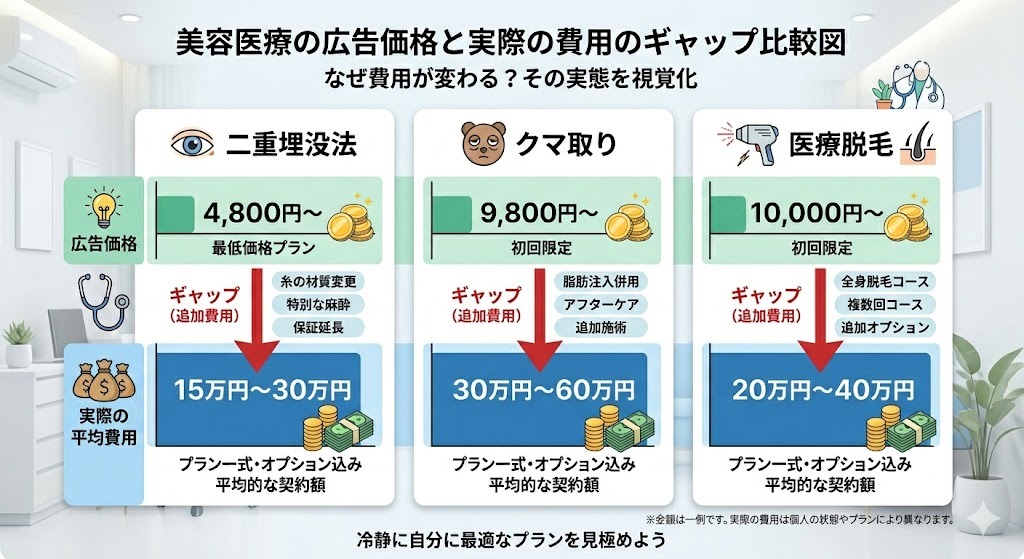 美容医療の広告価格と実際の費用のギャップを比較した図解。二重埋没法、クマ取り、医療脱毛の3つの施術について、格安な広告価格と、オプションやプラン一式を含んだ実際の平均費用(平均的な契約額)の範囲が示され、その差(ギャップ・追加費用)の理由(糸の材質変更、脂肪注入併用、全身脱毛コースなど)が挙げられている。クリニックの受付背景。