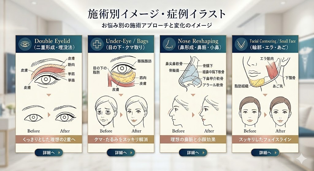 専門医監修による、美容医療の施術別の仕組みとBefore/Afterを解説するインフォグラフィック。二重埋没法、クマ取り、医療脱毛の3つの施術について、皮膚や組織の断面図の線画イラストで仕組み(糸で留める、脂肪除去、レーザー破壊)が示され、施術前後の目の形、目の下の状態、毛の状態を線画で比較している。クリニックの背景。