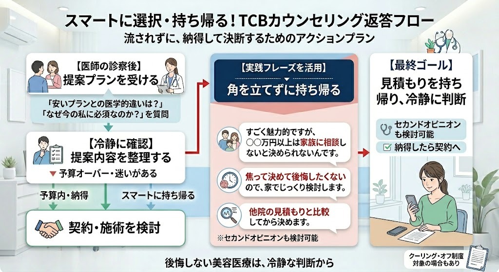 TCBの無料カウンセリングで、流されずに納得して決断するためのアクションプラン(返答フロー)を示したフローチャート。医師の診察後に提案プランを受け、冷静に確認した上で、予算オーバーや迷いがある場合に「角を立てずにスマートに持ち帰る」ための実践フレーズ(家族に相談、家で検討、他院と比較)と、最終ゴールとして見積もりを持ち帰り冷静に判断することを推奨している。クリニックと自宅の背景。