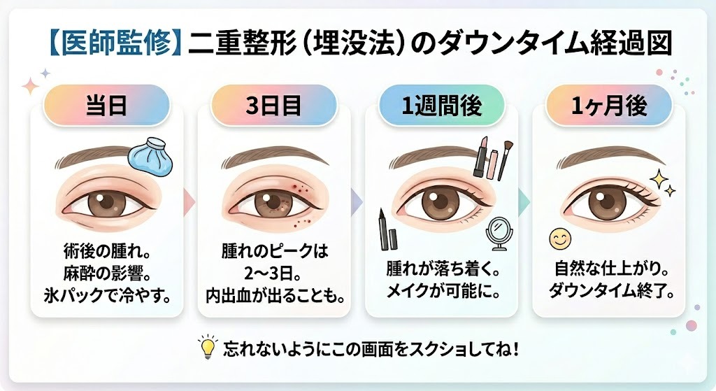 TCB二重整形（埋没法）の術後ダウンタイムの経過と腫れのタイムライン