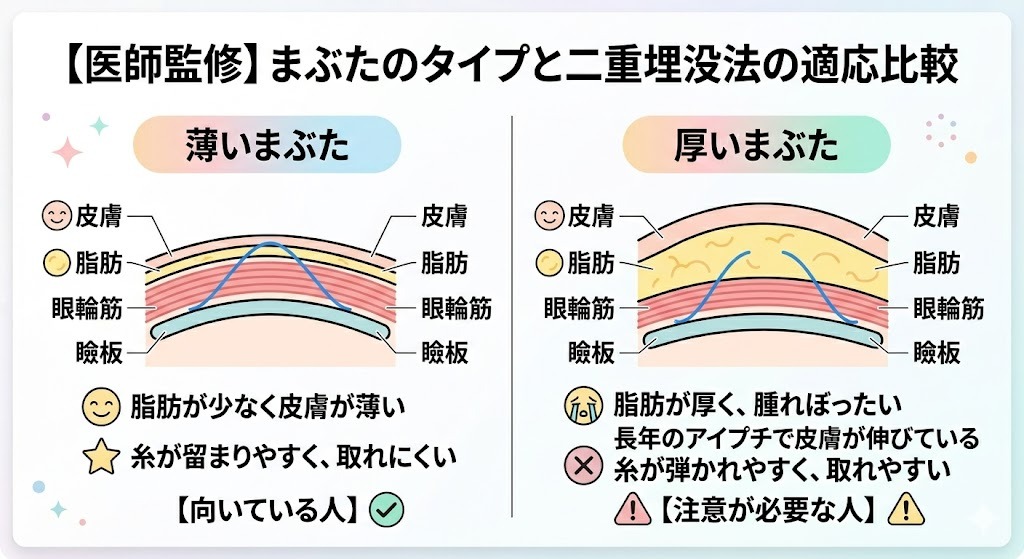 二重埋没法に向いている薄いまぶたとやめた方がいい厚いまぶたの構造比較