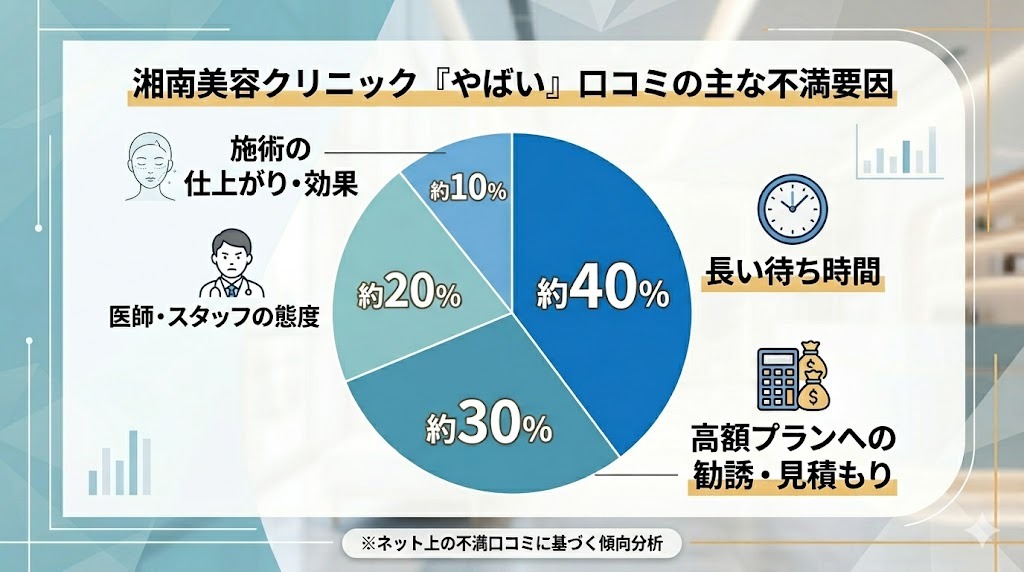 湘南美容クリニックがやばいと言われる理由の口コミ円グラフ。待ち時間が40%、高額な見積もりが30%、スタッフの態度が20%、その他が10%です。