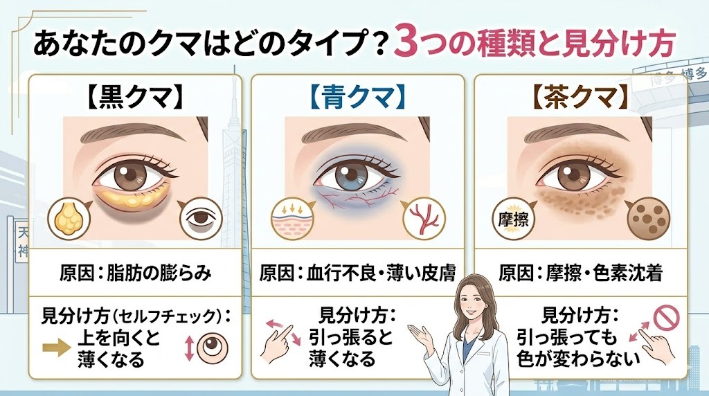 黒クマ・青クマ・茶クマの原因と見分け方(セルフチェック法)を図解