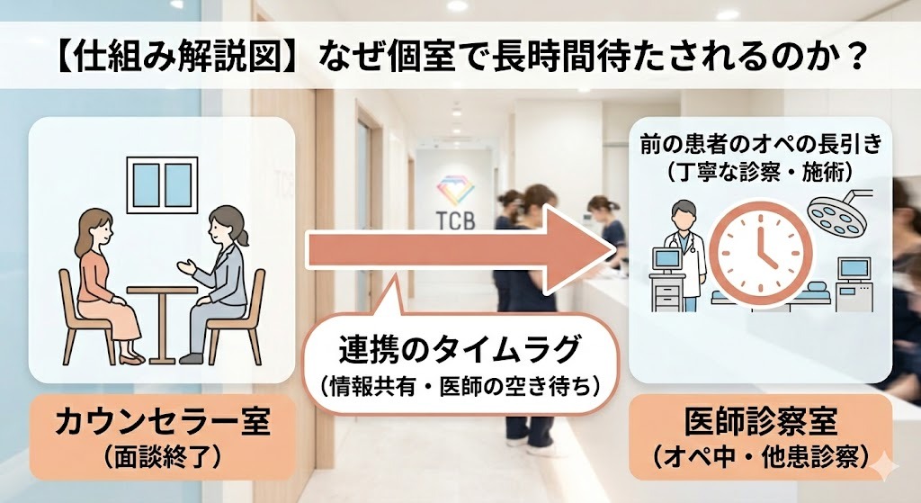 TCBで個室での待ち時間が発生する理由（スタッフ間の連携タイムラグや前の患者の手術延長）の図解