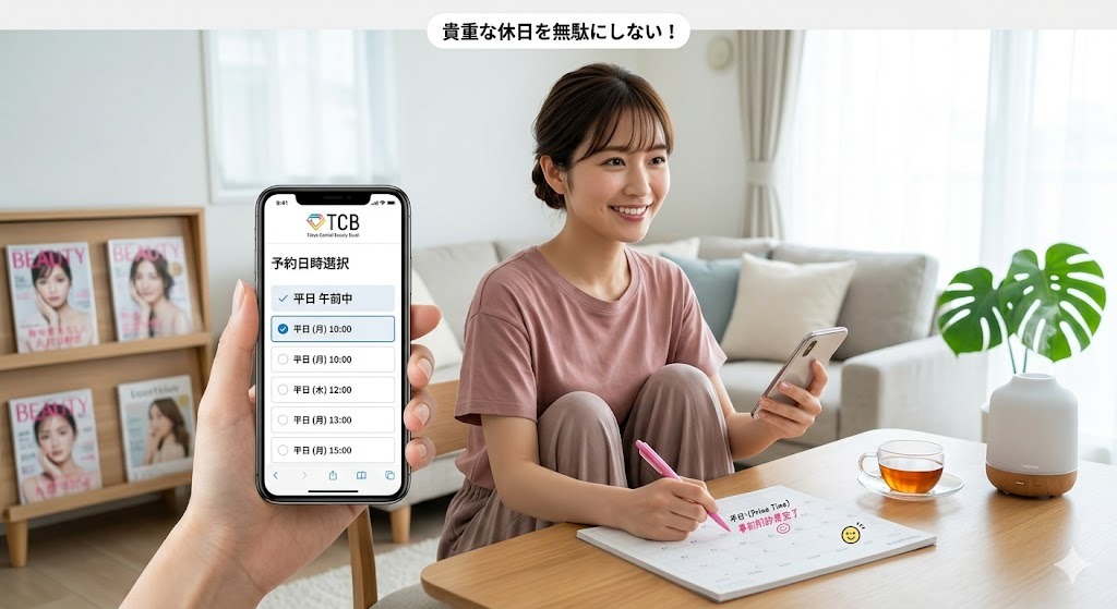 TCBの待ち時間を減らすため、平日の午前中を狙って事前Web予約と問診を済ませる女性