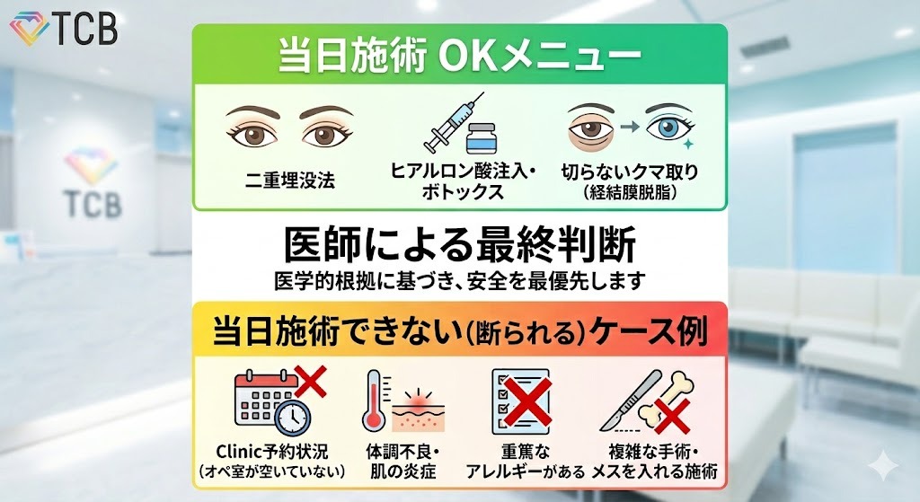 TCBで当日施術が可能なメニュー（二重埋没・ヒアルロン酸など）と、施術を断られるケースの条件チェックリスト