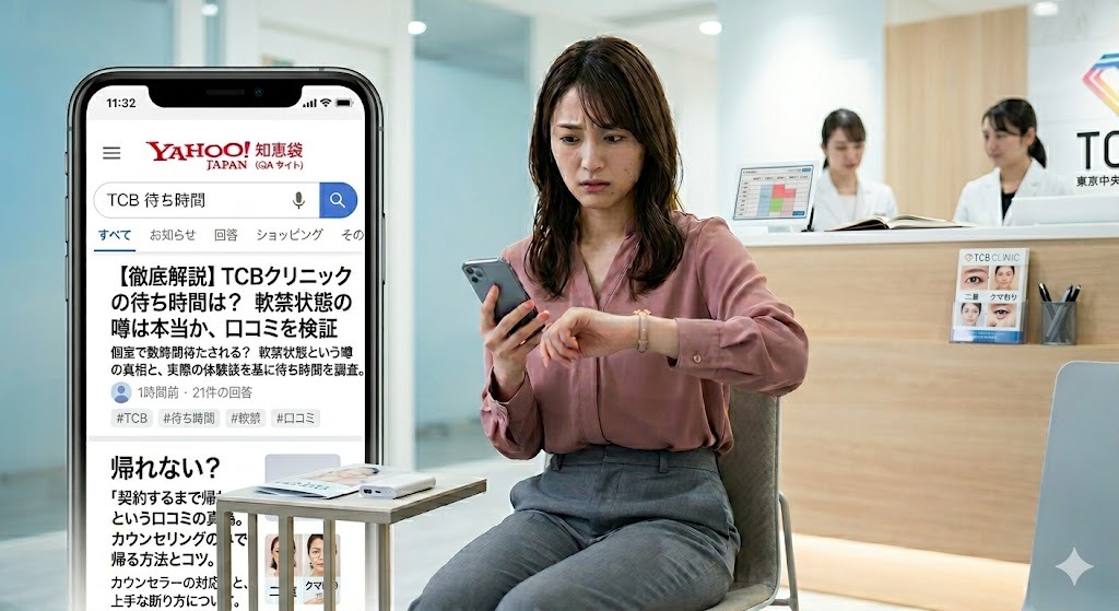 知恵袋の「TCBは待ち時間が長く帰れない」という口コミを見て個室で不安になっている女性のイメージ