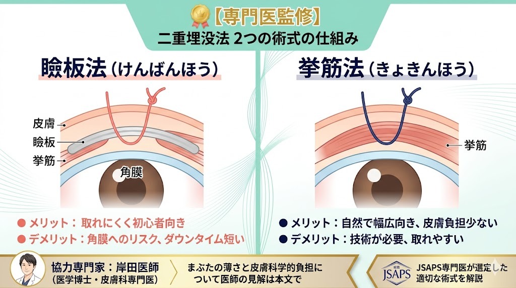 二重埋没法の2つの術式「瞼板法(けんばんほう)」と「挙筋法(きょきんほう)」の仕組みを解説する断面イラスト。瞼板法は赤糸、挙筋法は青糸で留める位置とメリット・デメリットの違い、および皮膚科専門医岸田医師の監修情報を対比して示している。