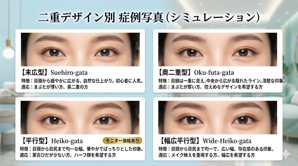二重デザイン別の症例写真グリッド(シミュレーション)。末広型、奥二重型、平行型、幅広平行型の4つの主要デザインの目元の症例(シングルアイ・クローズアップ)と、それぞれのデザイン特徴(自然、清楚、華やか、存在感)や適応の解説テキストをまとめて示している。