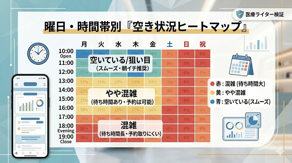 湘南美容クリニックの空き状況ヒートマップ。平日午前中は空いていて狙い目（青色）、土日や平日の夕方以降は混雑して待ち時間が長い（赤色）ことを示しています。