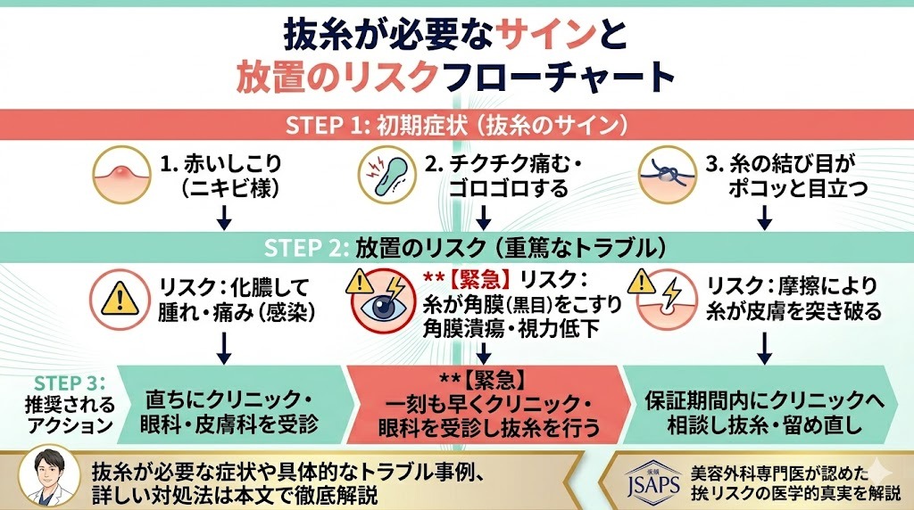 抜糸が必要なサインと放置のリスクを段階的に解説するフローチャート。初期症状(赤いしこり、チクチク痛む、糸の結び目が目立つ)から、重篤なトラブル(感染、角膜潰瘍、糸の露出)を経て、推奨されるアクションを上から下へ示している。