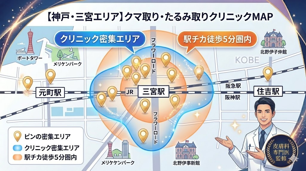 神戸・三宮エリアのクマ取り・目の下のたるみ取りおすすめクリニックMAP