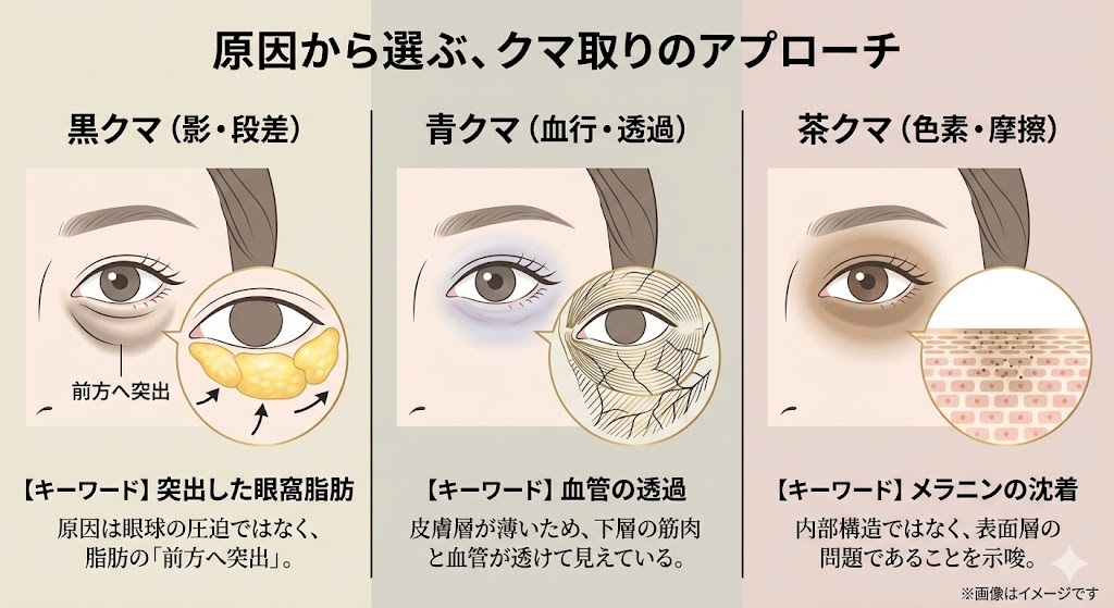 クマの種類と原因の解説。黒クマ（突出した眼窩脂肪）、青クマ（皮膚が薄く血管が透過）、茶クマ（メラニン沈着・摩擦）のメカニズムを示すイラスト