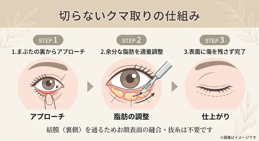 切らないクマ取りの仕組み。STEP1：まぶたの裏からアプローチ、STEP2：余分な脂肪を適量調整、STEP3：表面に傷を残さず完了。結膜を通るため顔表面の縫合・抜糸は不要であることを示す図解
