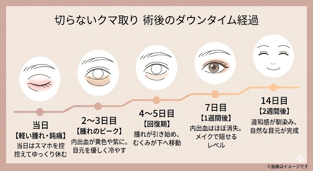 切らないクマ取り治療後、当日(軽い腫れ・鈍痛)から14日目(自然な目元の完成)までのダウンタイムの経過とケア方法を示したタイムライン