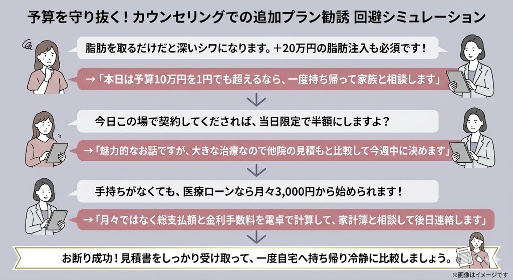 タイトル:予算を守り抜く!カウンセリングでの追加プラン勧誘 回避シミュレーション
シチュエーション1
クリニック:「脂肪を取るだけだと深いシワになります。+20万円の脂肪注入も必須です!」
客の回答:「本日は予算10万円を1円でも超えるなら、一度持ち帰って家族と相談します」
シチュエーション2
クリニック:「今日この場で契約してくだされば、当日限定で半額にしますよ?」
客の回答:「魅力的なお話ですが、大きな治療なので他院の見積もと比較して今週中に決めます」
シチュエーション3
クリニック:「手持ちがなくても、医療ローンなら月々3,000円から始められます!」
客の回答:「月々ではなく総支払額と金利手数料を電卓で計算して、家計簿と相談して後日連絡します」
結論:お断り成功!見積書をしっかり受け取って、一度自宅へ持ち帰り冷静に比較しましょう。