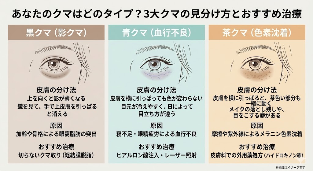 黒クマ、青クマ、茶クマの3大クマの見分け方、原因、おすすめ治療を比較した解説イラスト