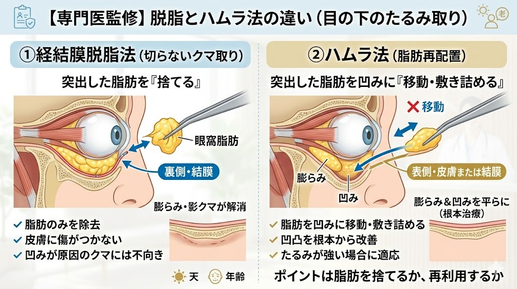 目の下のたるみ取り手術（経結膜脱脂法とハムラ法）の仕組みの違い