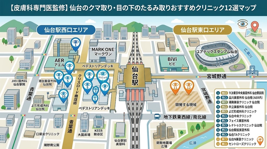 仙台駅周辺のクマ取り・目の下のたるみ取りおすすめクリニック12選マップ