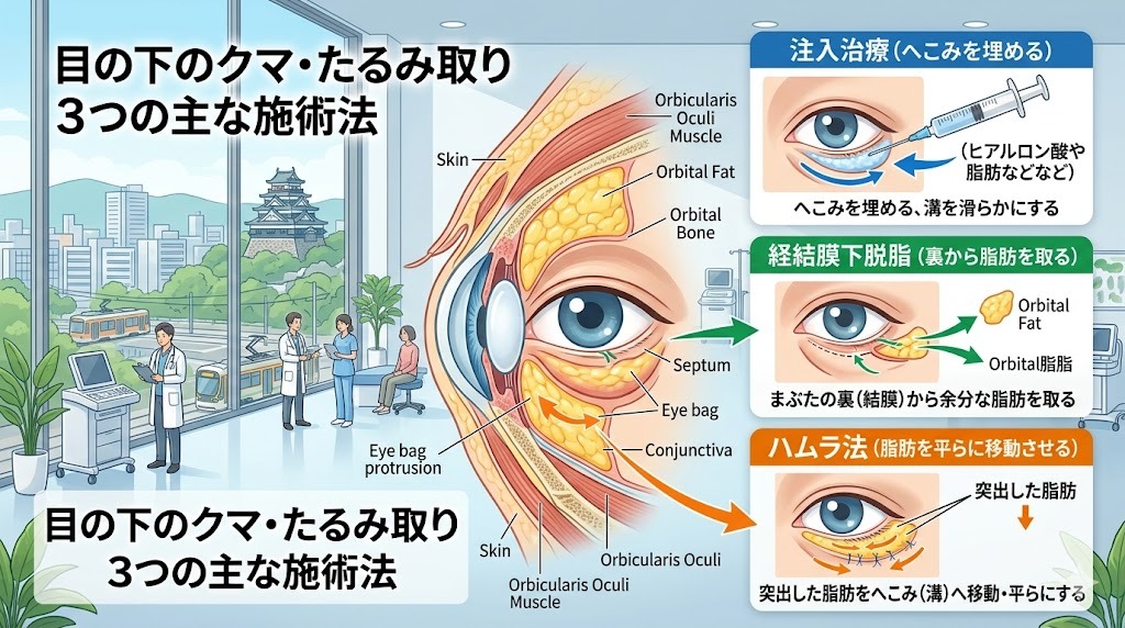 クマ取り・目の下のたるみ取りの主な施術法(脱脂・ハムラ法・注入)の仕組み