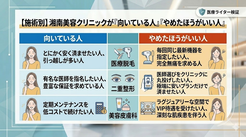 施術別の湘南美容クリニックに向いている人とやめたほうがいい人の比較表。コスパ重視や医師を指名したい人にはおすすめ、最新機器の指定やVIP待遇を求める人には他院を推奨しています。