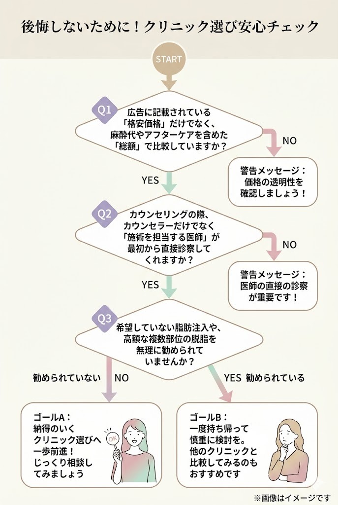 クリニック選び安心チェックフローチャート。Q1：格安価格でなく麻酔代等を含む総額で比較しているか。Q2：カウンセラーだけでなく施術担当医が最初から直接診察してくれるか。Q3：希望しない脂肪注入や高額な複数部位の脱脂を無理に勧められていないか。すべてクリアするとゴールA（納得のクリニック選びへ）、NOがある場合は警告やゴールB（一度持ち帰って慎重に検討）へ導くチャート。