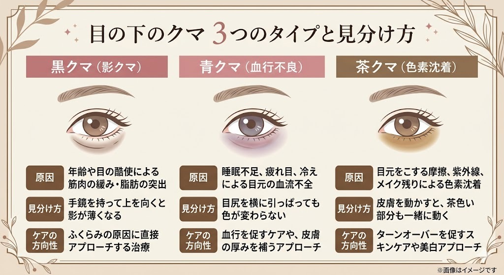 目の下のクマの3つのタイプ（黒クマ、青クマ、茶クマ）の原因、見分け方、ケアの方向性を比較・解説した図解