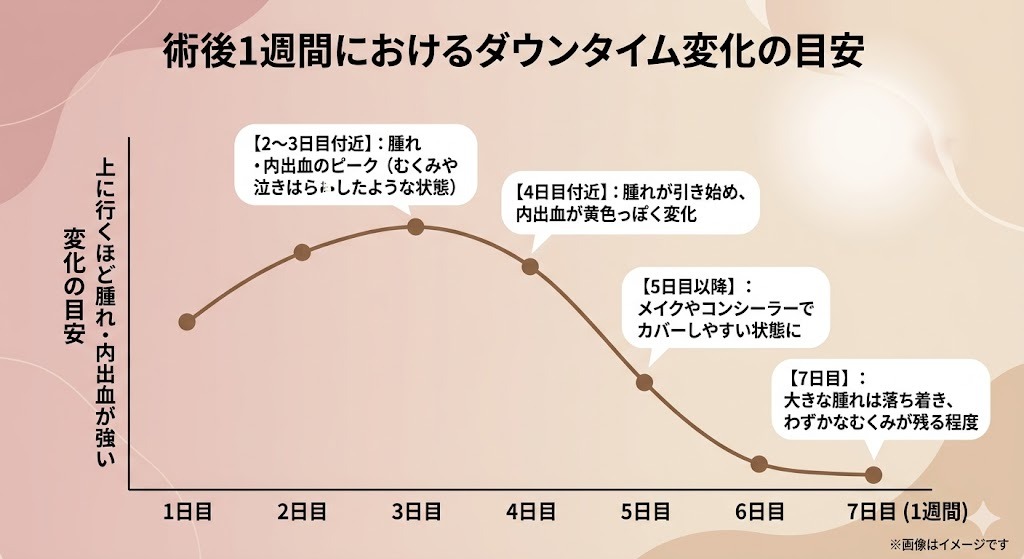術後1週間におけるダウンタイム（腫れ・内出血）変化の目安を示したグラフ。2〜3日目にピークを迎え、4日目から引き始め、7日目には大きな腫れが落ち着く経過を説明
