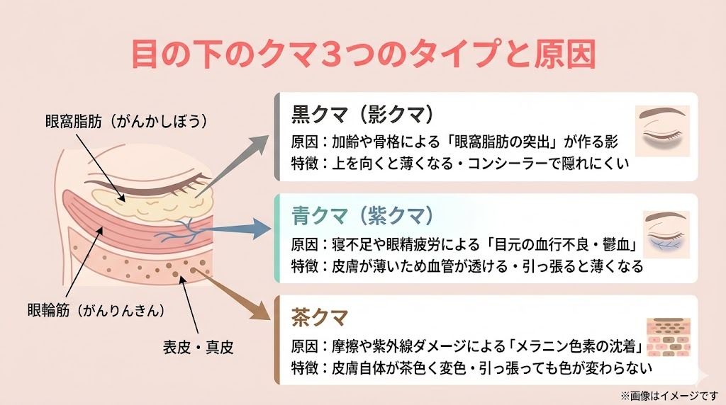 目の下のクマの3つのタイプ(黒クマ・青クマ・茶クマ)の原因と特徴を解説した図解イラスト