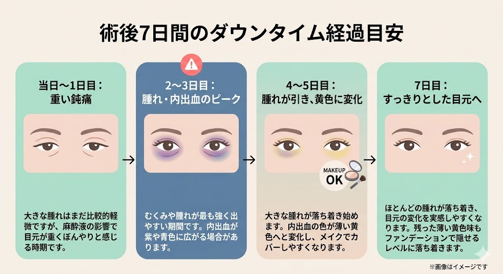 クマ取り手術後7日間のダウンタイム経過目安(当日・2〜3日目・4〜5日目・7日目)のイラスト解説